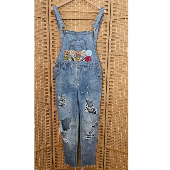 The Morgan Factory Upcycled Distressed Denim Overalls Women's S/M - Picture 1 of 9